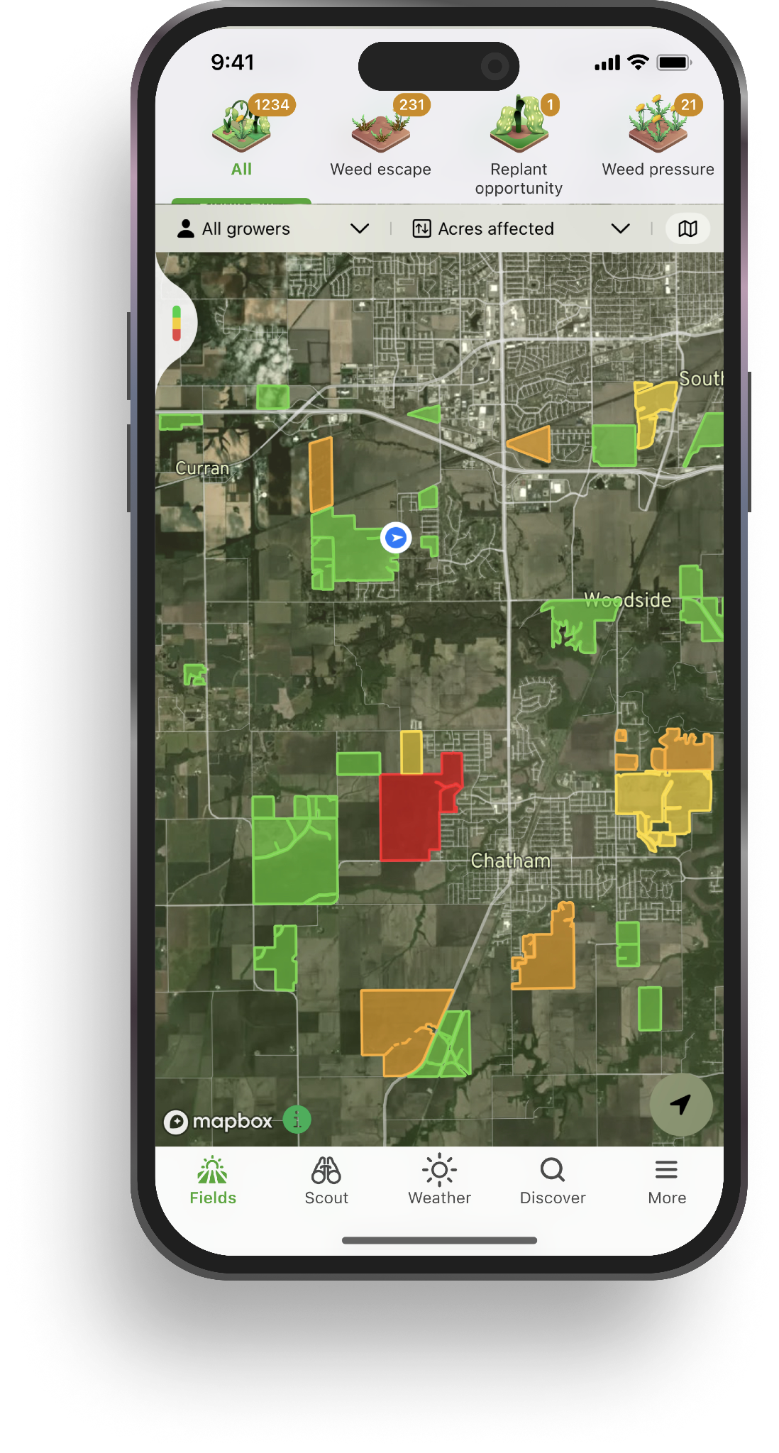SeedTrax mobile app showing field map with scouting data