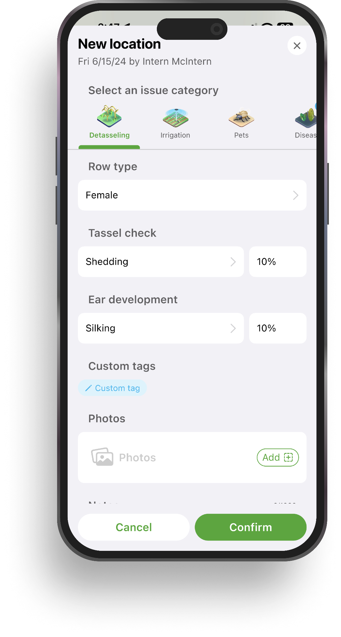 SeedTrax mobile app - Female row scouting with tassel and ear development tracking