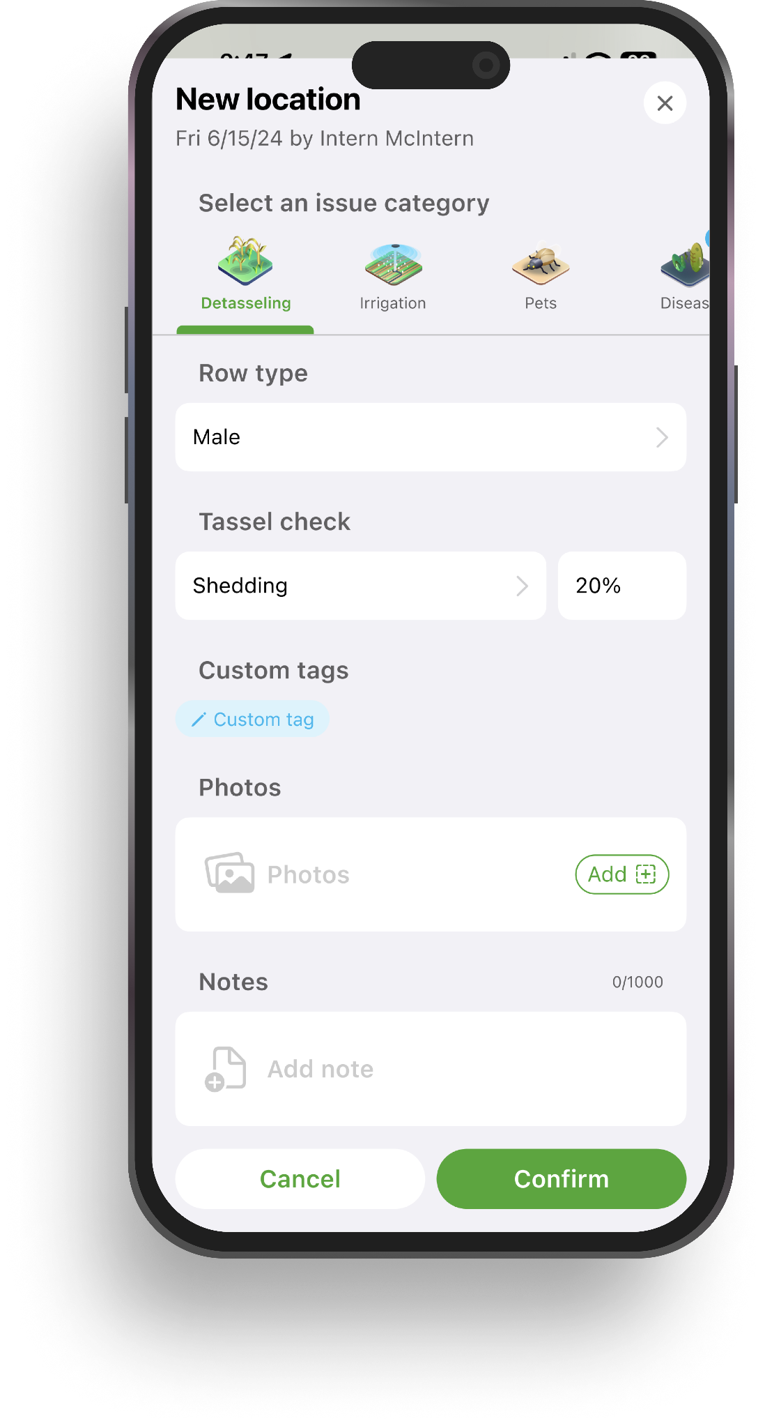 SeedTrax mobile app - Male row scouting with tassel check tracking